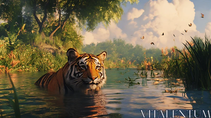 Sunlit tiger wades through reflective wetland under volumetric clouds
