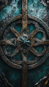 Weathered Celtic shield displays ornate interlaced metalwork