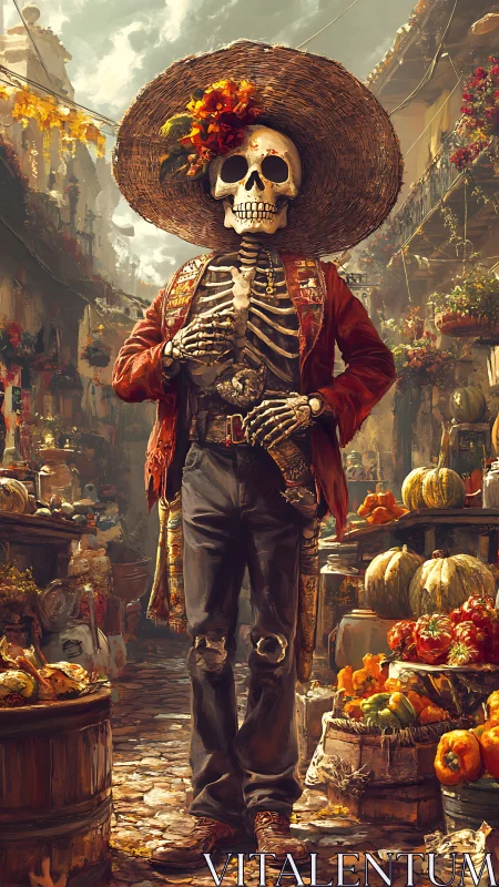 Skeleton street vendor in festive market scene at dusk.