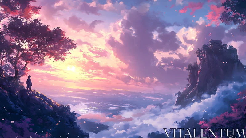 Solitary figure viewing distant shrine at vivid sunset.