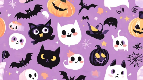 Halloween Illustration with Cute Cartoon Characters.