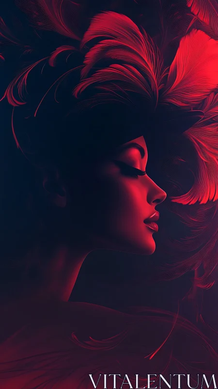 Crimson profile portrait with flowing feathered light forms.