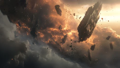 Drifting starwrecks above a storm of firelit clouds.