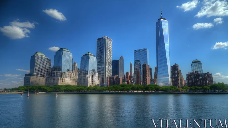 Lower Manhattan skyline and waterfront under clear sky.