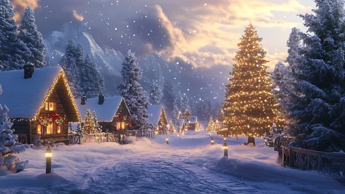 Photorealistic alpine village with illuminated Christmas architecture.