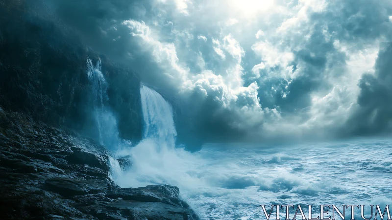 Storm-lashed ocean waterfall under luminous storm clouds.