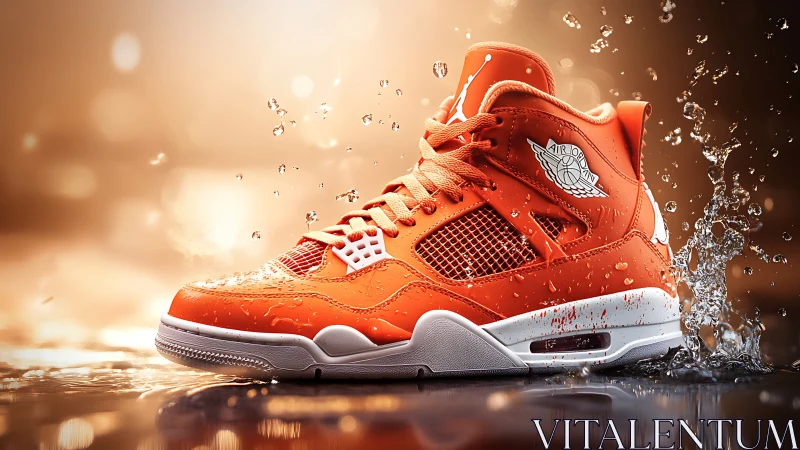 Vibrant orange sneaker in dynamic water splash action shot.