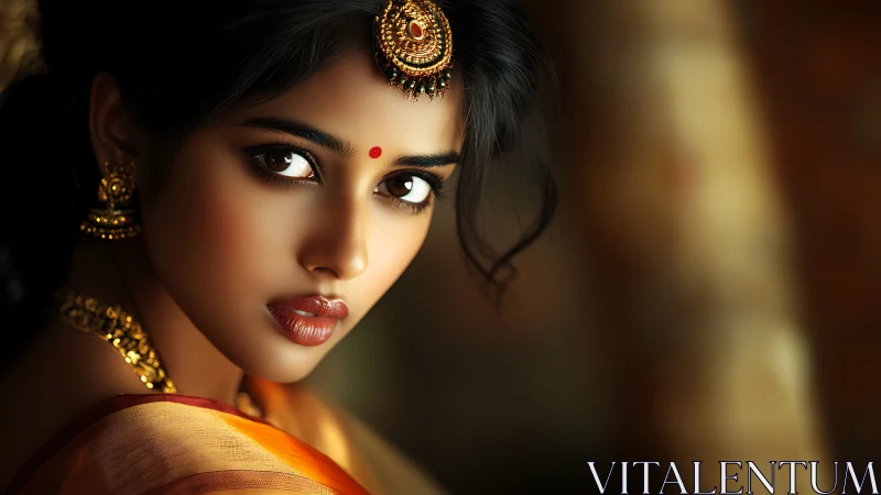 Woman in traditional Indian jewelry with intense gaze.
