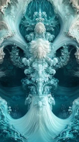Symmetrical cyan fractal structure with flowing organic forms.