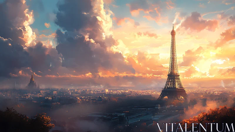Sunlit Eiffel Tower rises over misty Parisian skyline
