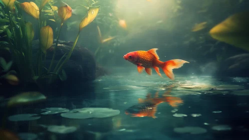 Golden koi glides through glowing pond in tranquil light.