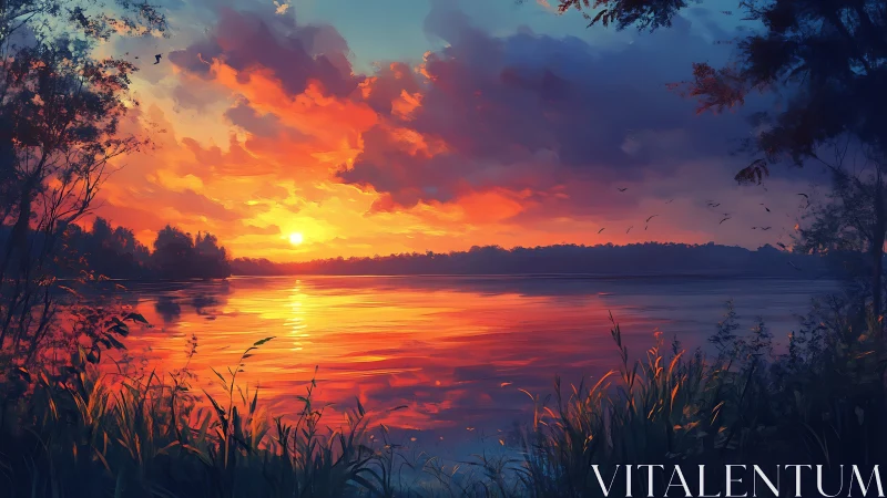 Vivid sunset over calm lake with glowing sky reflections.