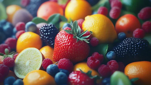 Sunlit berry chorus amid citrus splashes and orchard glow.