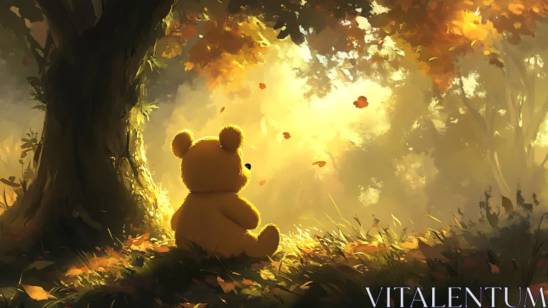 Teddy bear watches golden autumn light filter through forest