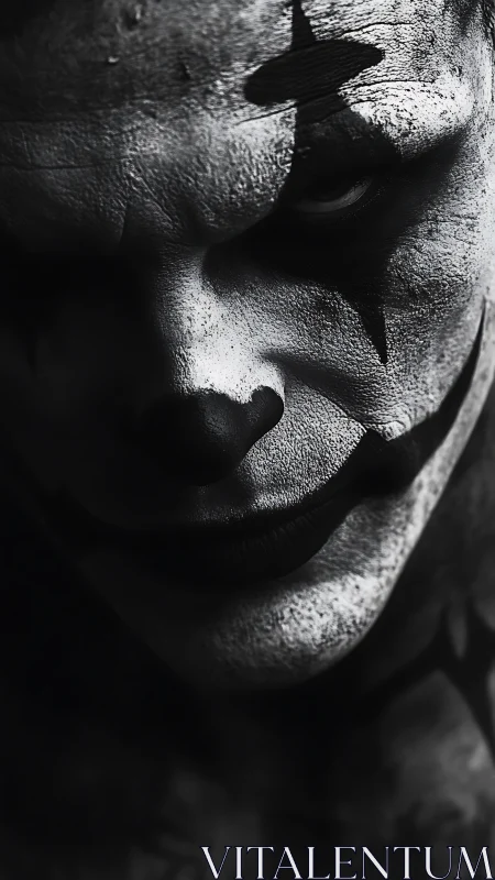 High-contrast monochrome portrait of sinister painted clown.