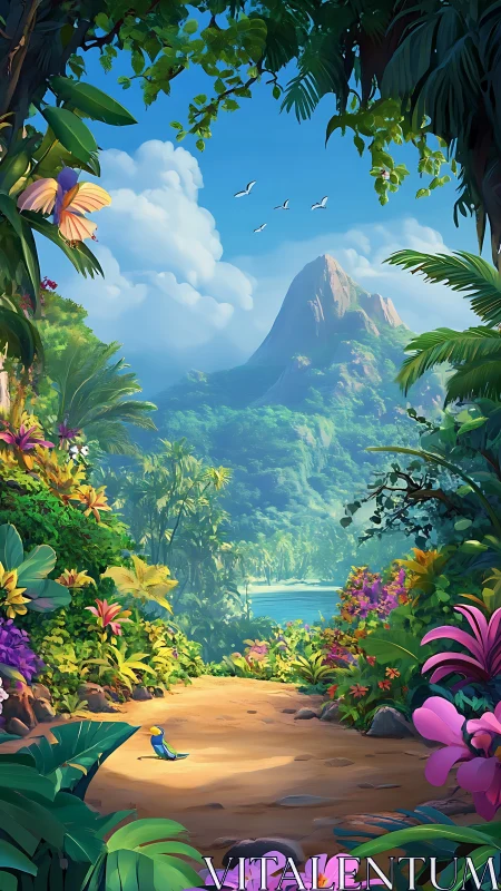 Lush tropical jungle path opens toward distant mountain peak