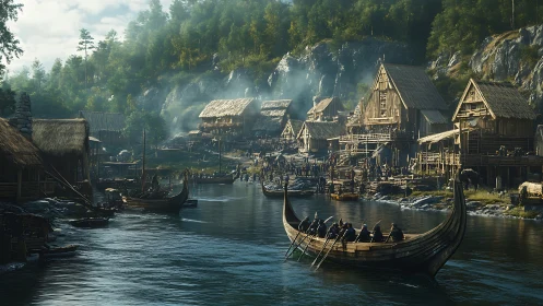 Viking riverfront hums as longships glide toward timbered shores