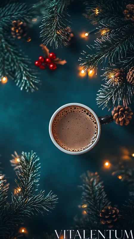 Hot cocoa rests amid glowing Christmas fir branches