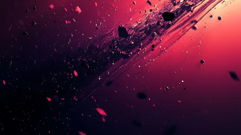 Cosmic shards drifting through glowing crimson skies.