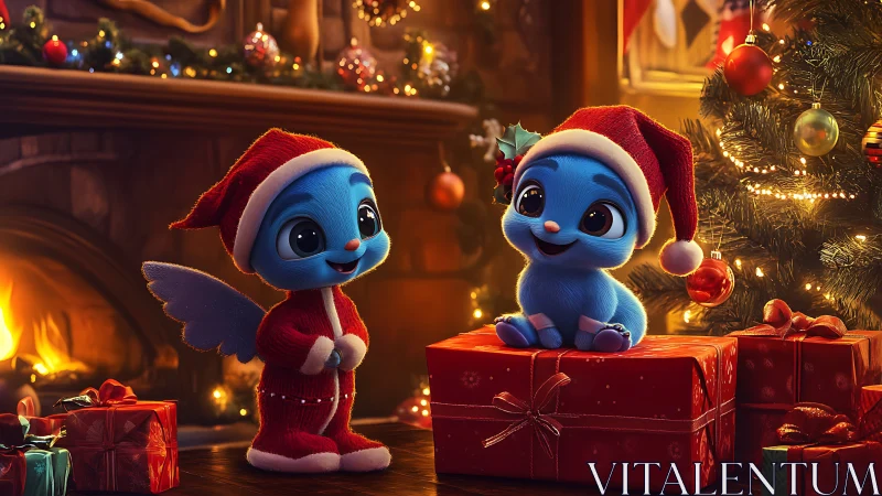 Blue cartoon creatures celebrate Christmas by the fireplace