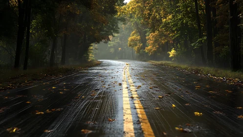 Serene Road Through Autumn Forest Bathed in Golden Light