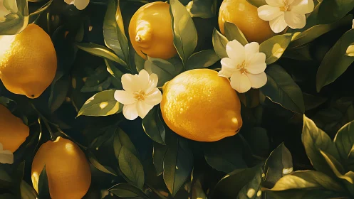 Sunlit ripe lemons with glossy foliage rendered in soft focus