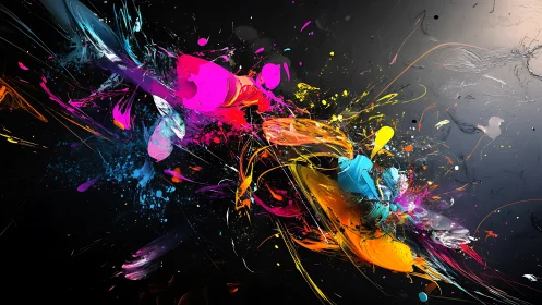 Neon paint explosions streak across dark abstract surface.