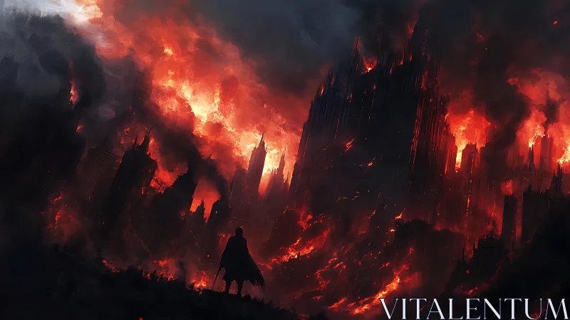 Lone wanderer before a cathedral city drowning in fire.