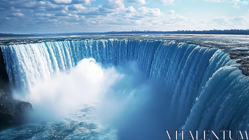 Thunderous sky-blue torrent plunges in a colossal mist curtain.