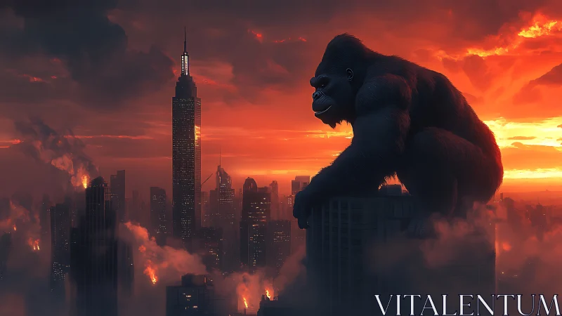 Giant gorilla positioned on skyscraper over burning cityscape.