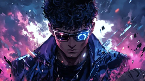 Cybernetic youth portrait in luminous neon storm backdrop.