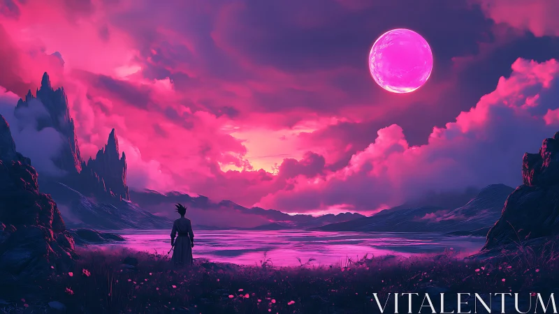 Solitary figure beneath luminous magenta alien moon
