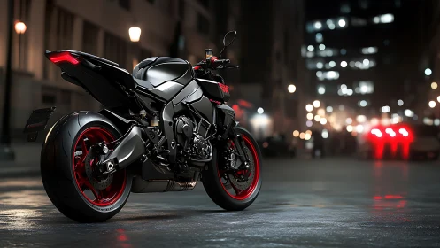 Photorealistic sport motorcycle with red accents on wet city street
