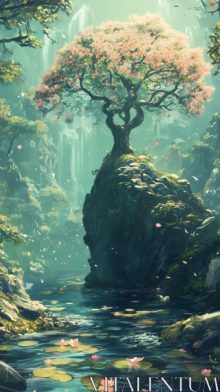 Flourishing cherry tree crowns luminous waterfall gorge.