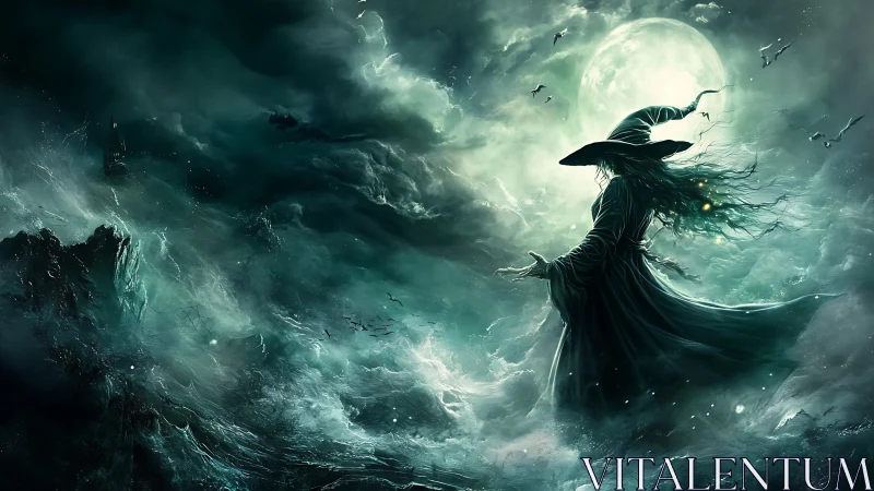Moonlit sea witch commanding storm-tossed spectral waves.