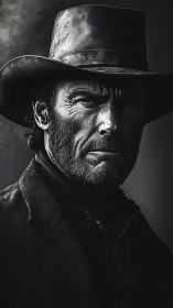 Storm-eyed gunslinger glares through shadow-soaked frontier.