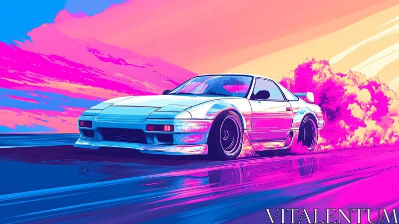 Retro rocket coupe surfs neon smoke through molten skies