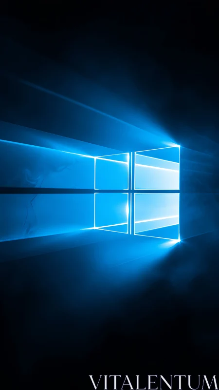 Glowing blue window icon emits volumetric light into dark void