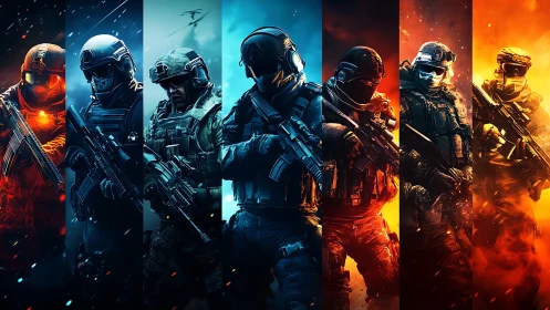 Tactical military squad lineup in intense neon warlight.