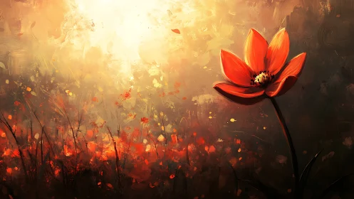 Red flower glows against abstract golden sunset field.