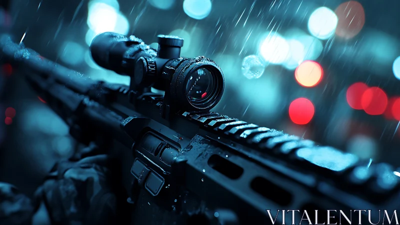 Tactical Rifle with Scope in Rain: High-Definition Cyberpunk Aesthetic.