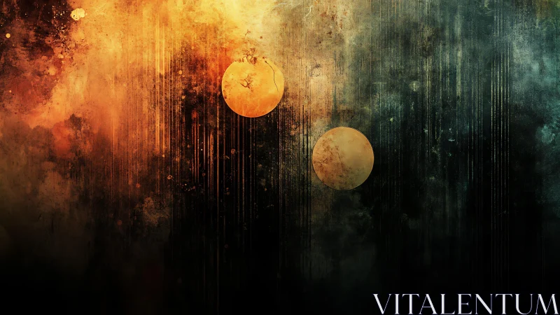 Abstract cosmic landscape with orange planets and textured background.