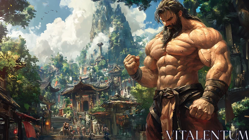 Mythic warrior dominates lush mountain temple cityscape.