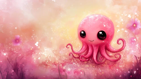 Bubble-bright pink octopus twirling in a dreamy bloomscape.