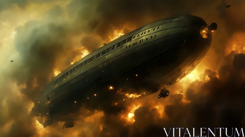 Gigantic armored airship engulfed in cinematic inferno clouds