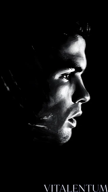 Stark monochrome profile carving light from deep shadow.