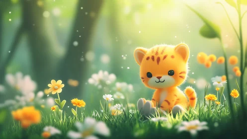 Cartoon orange kitten in sunlit meadow with yellow flowers.