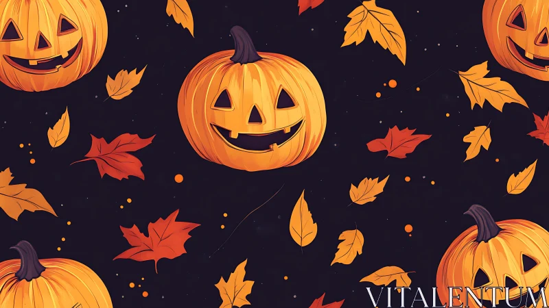 Jack-o-lantern pattern with autumn leaves on deep night background.