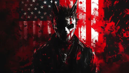 Masked humanoid figure before distressed US flag backdrop.