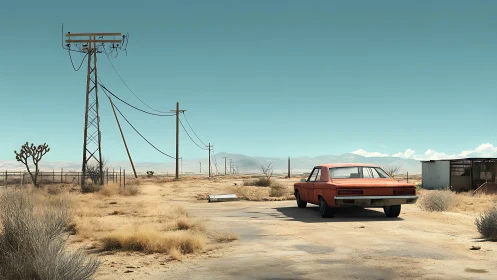 Rust-orange sedan idling on a desolate desert roadside.